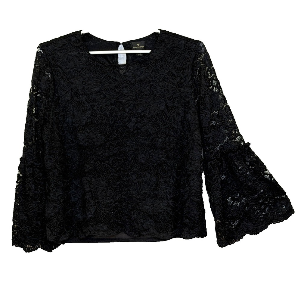 Worthington Top Womens Large Black Lace Long Bell Sleeve Round Neck Whimsygoth